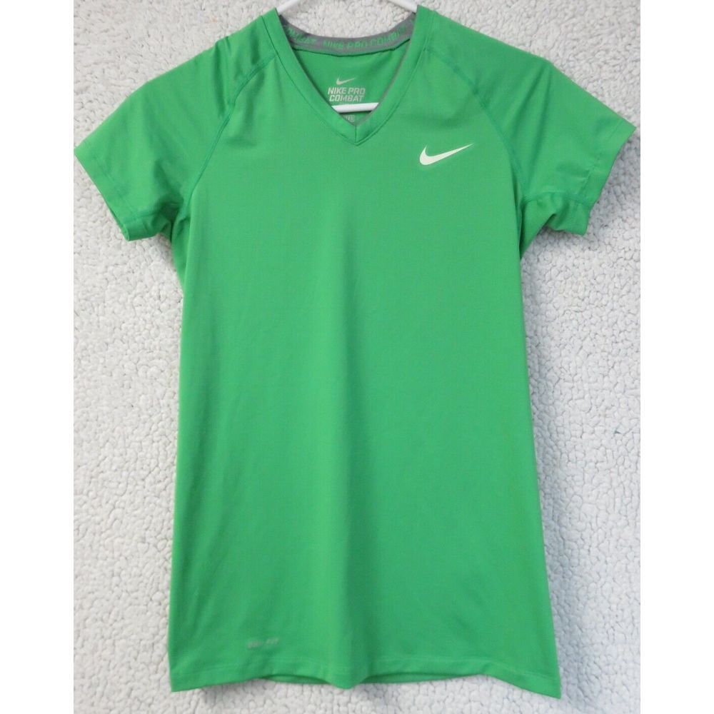 Womens Nike Green Short Sleeve Workout Gym Active Pro Comabt Shirt Size S V Neck